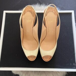 Christian Louboutin Cream Patent Leather Peep Toe Cork Slingback Wedge.  Size 38